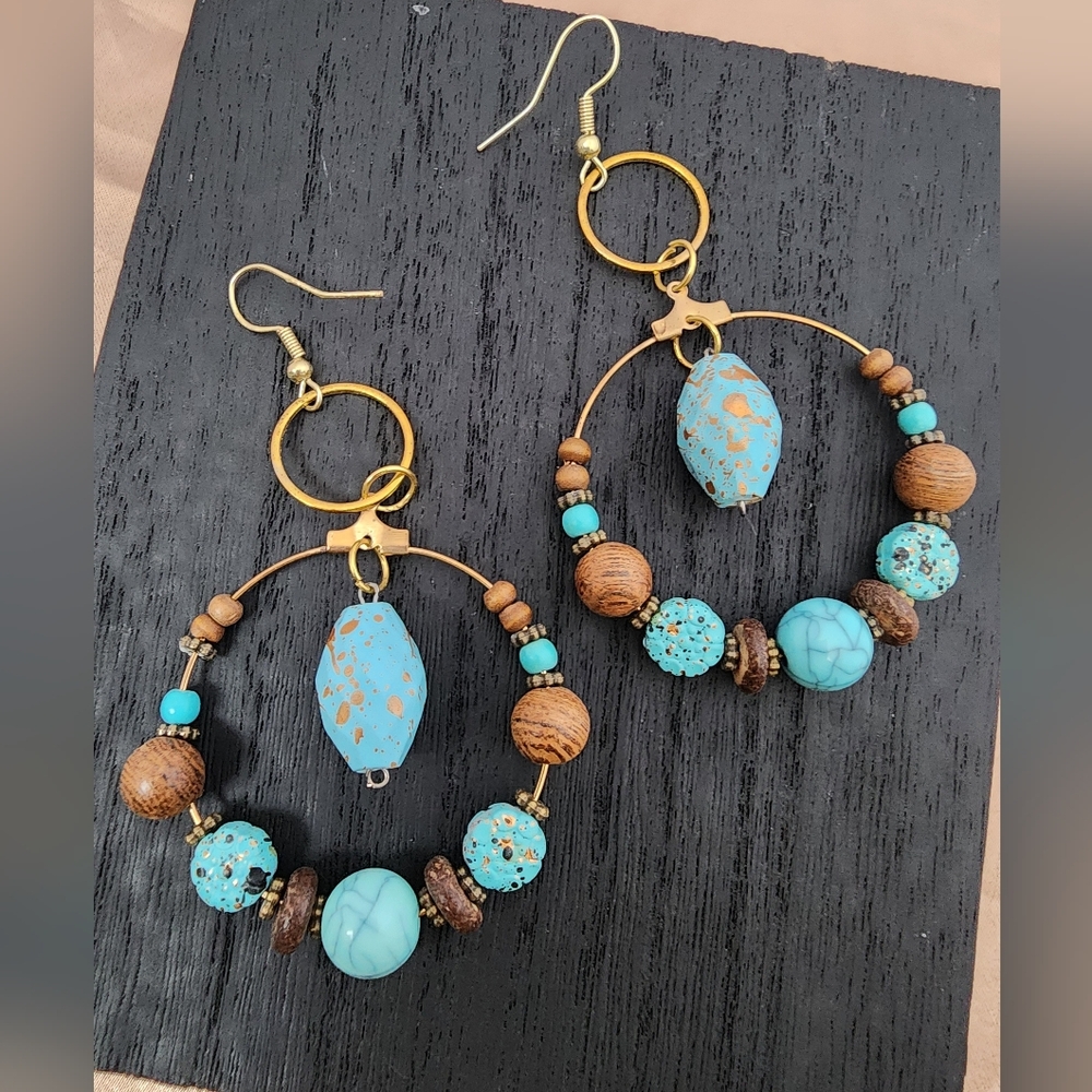 BrazenSoul Beachy Boho Turquoise & Wood Hoop Earrings